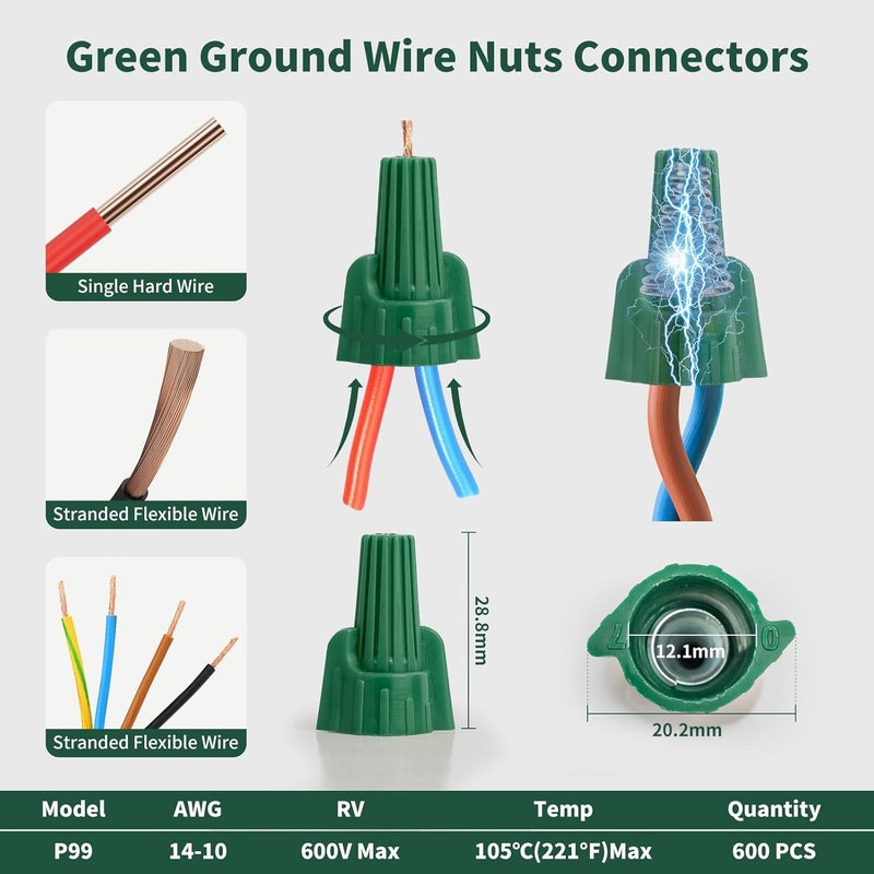 NEXUS 30PCS Green Wire Connectors Nuts with Hole, Winged Ground Wire Connectors-P99 Electrical Grounding Easy Twist-On 14-10 AWG Cables, Ensuring Secure and Reliable Wiring Connections. - Image 3